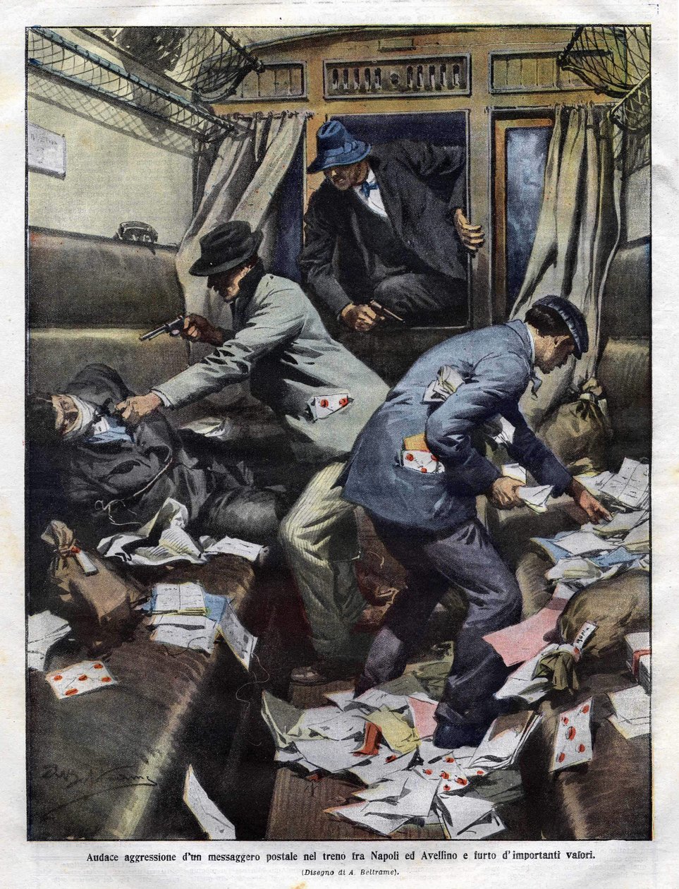 bandidos no assalto num comboio postal entre Nápoles e Avellino em 1910. Ilustração de Achilles Beltrame para a Domenica del corriere. de Achille Beltrame
