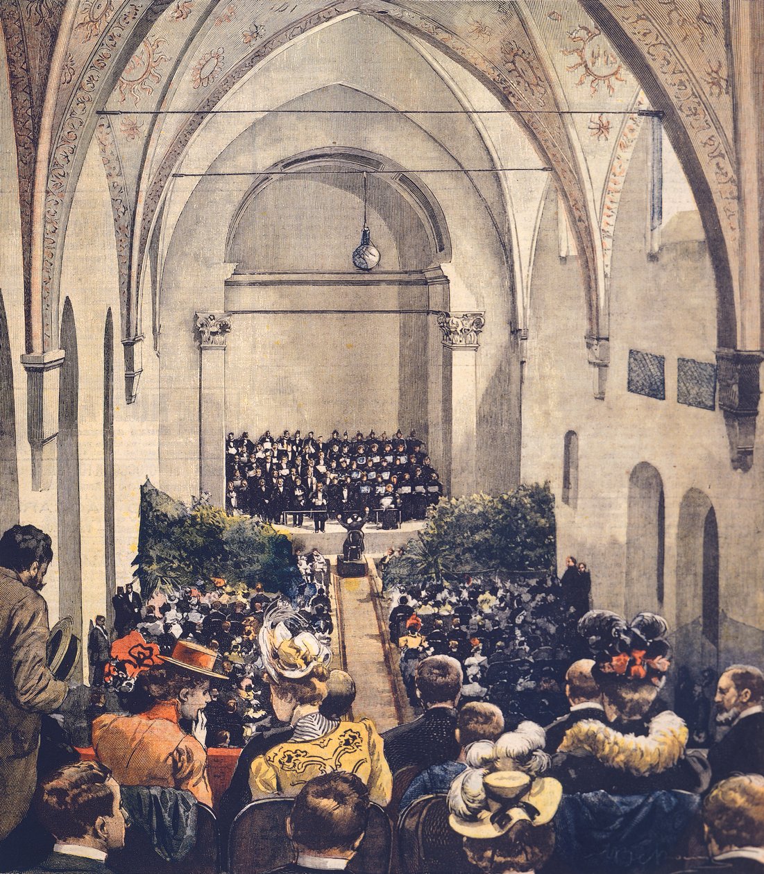cerimônia do Perosi Music Hall em Milão, de Achille Beltrame (1871-1945), ilustração da capa de La Domenica del Corriere, 6 de maio de 1900. de Achille Beltrame