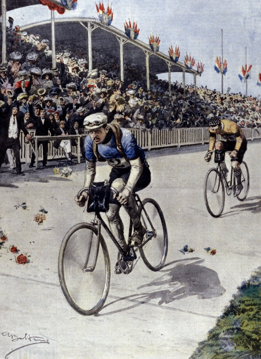 ciclista Peer Breton Vencedor do Tour de France em 1908. ilustração de Achille Beltrame. de Achille Beltrame