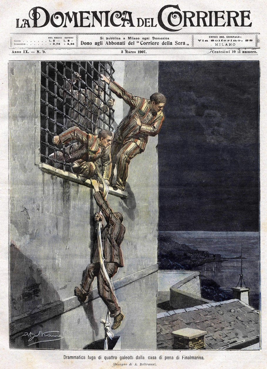 fuga de três prisioneiros da prisão Finalmarina na Itália em 1907. Iluustração de Achille Beltrame para a Domenica del Corriere de 3 de março de Achille Beltrame