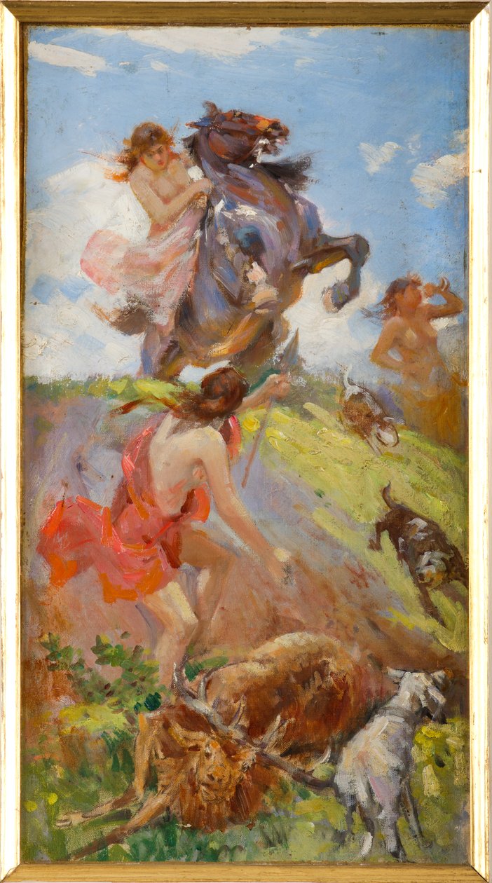 Amazonas a caçar um veado (óleo sobre tela sobre cartão) de Achille Boschi
