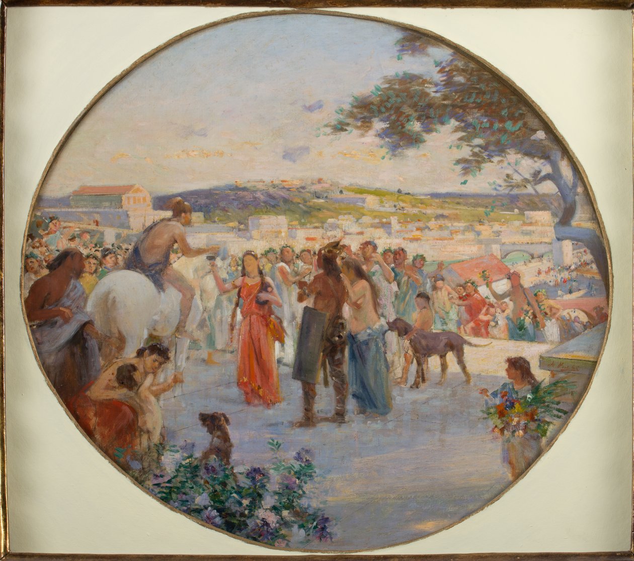 Celebração da Primavera na Roma Antiga (óleo sobre tela sobre cartão) de Achille Boschi