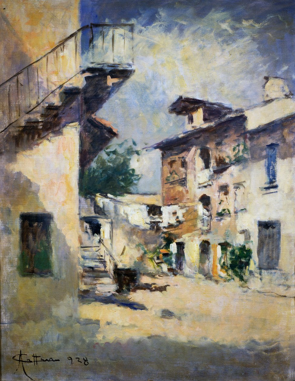 Interior do pátio rústico, por Achille Cattaneo (1872-1931). Itália, século XX. de Achille Cattaneo
