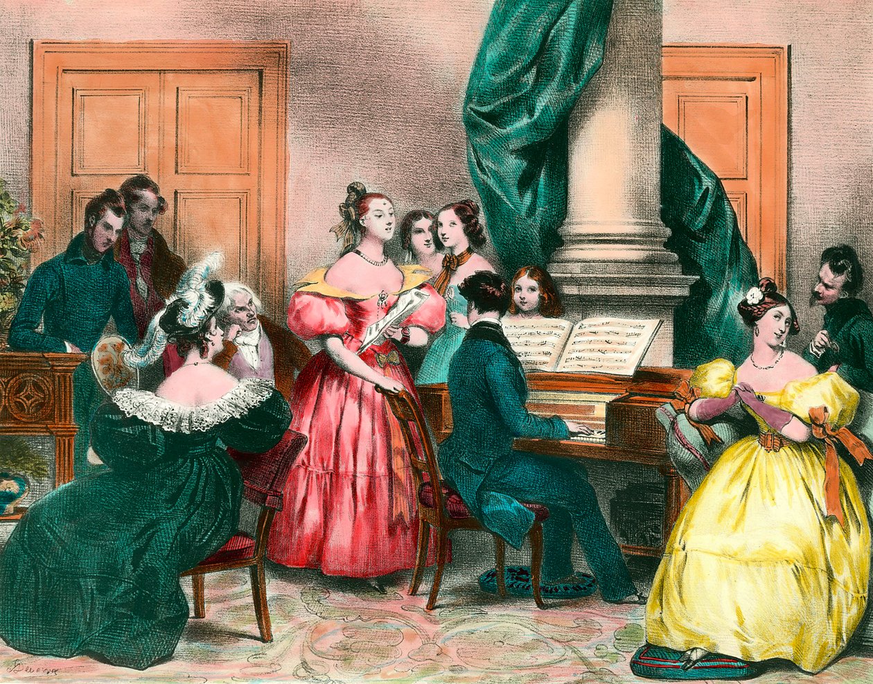 Uma tarde musical em gravura familiar de Achille Deveria (1800-1857) Gravura do século XIX. Coleção particular de Achille Devéria