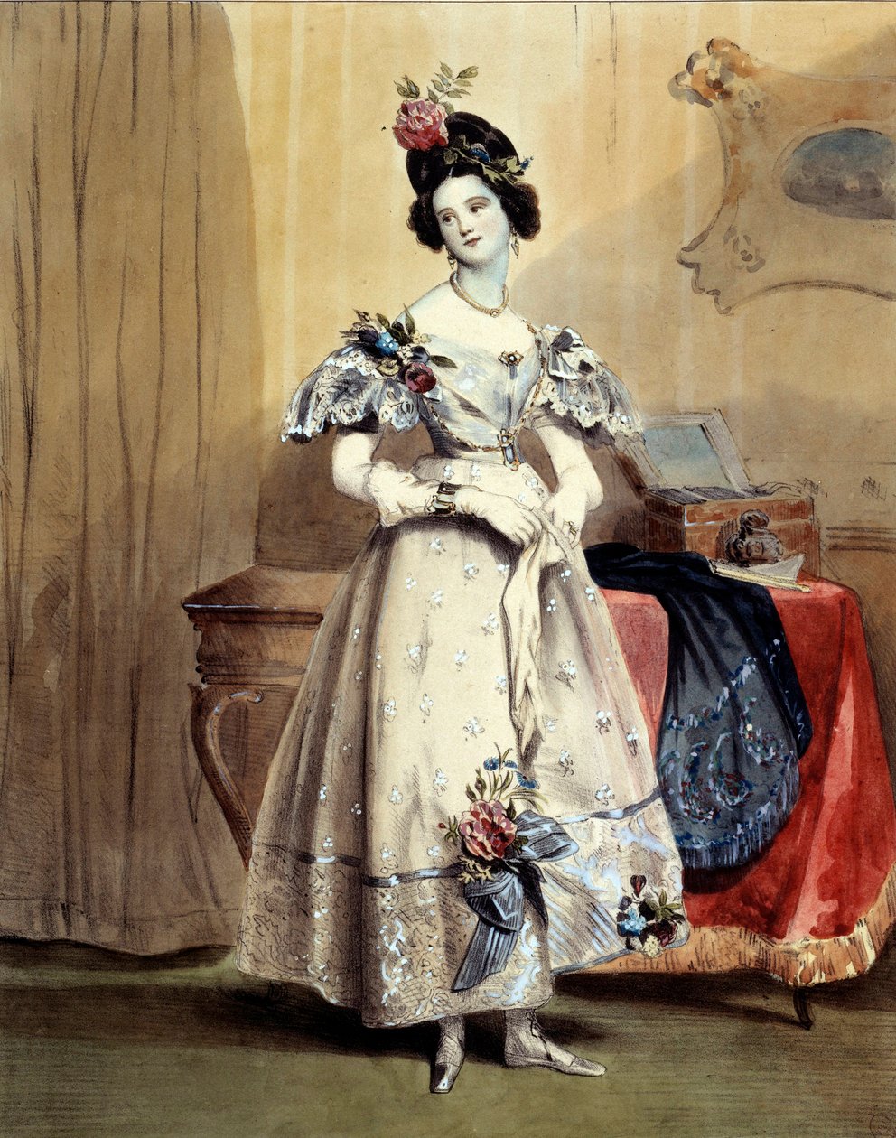 Às onze horas da noite, jovem garota no banheiro noturno (Aquarela) século 19 de Achille Devéria