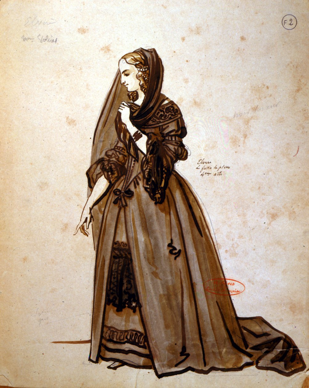 Figurino para o papel de Dona Elvire em uma produção de 1847 de "Don Juan" por Molière (1622-1673) na Comédie Française (caneta e tinta no papel) de Achille Devéria