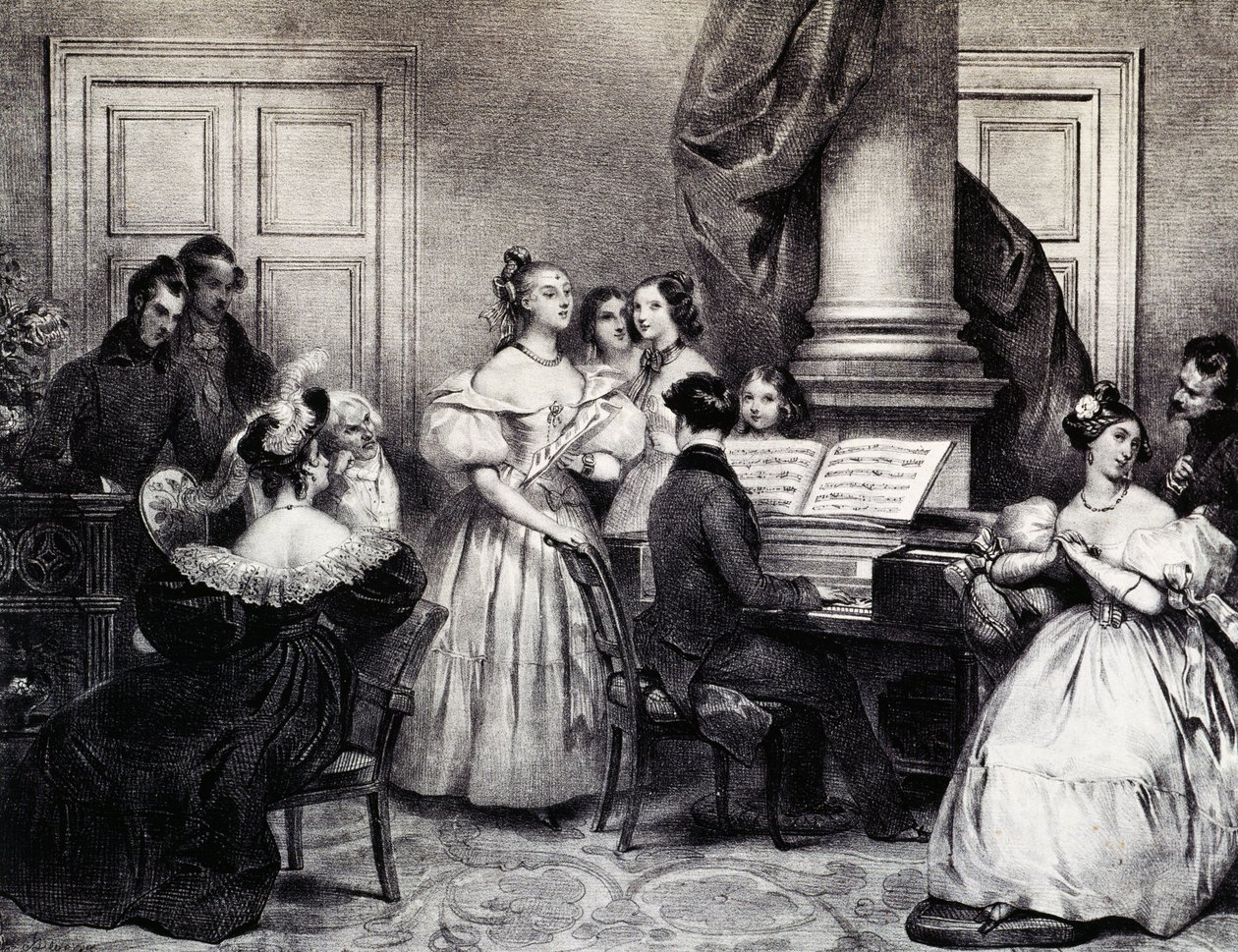 Concerto familiar com piano, de Achille Deveria (1800-1857), gravura, França de Achille Devéria