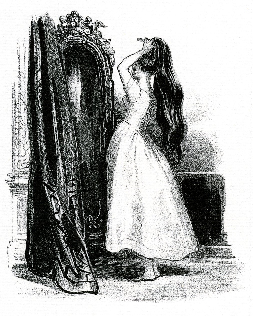 Madame Bovary, para o romance de Gustave Flaubert - Emma Bovary amontoa o seu cabelo comprido em frente ao espelho de Achille Devéria