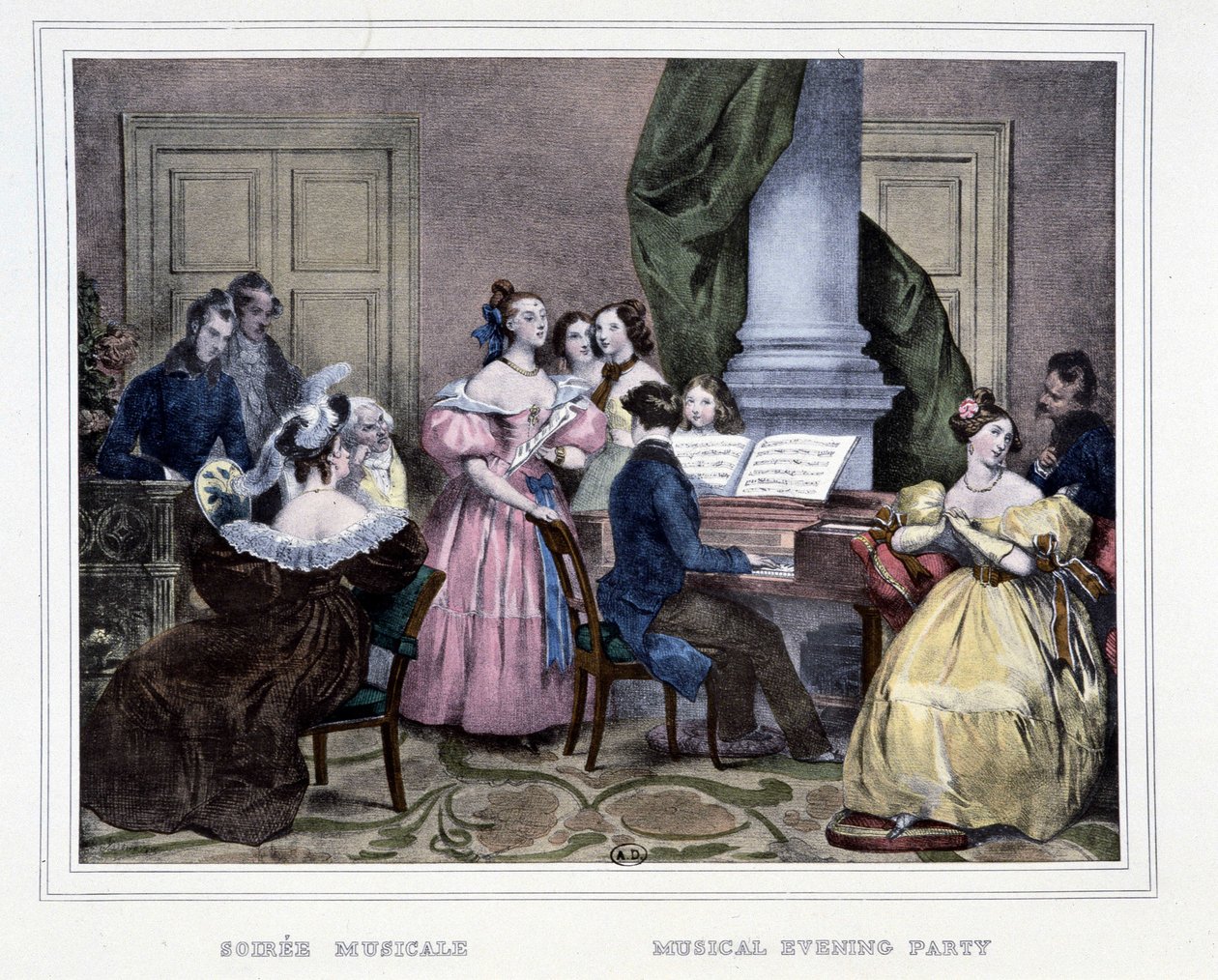 Noite musical ao redor do pianoforte - em "Les heures de la Parisienne" de Achille Deveria de Achille Devéria