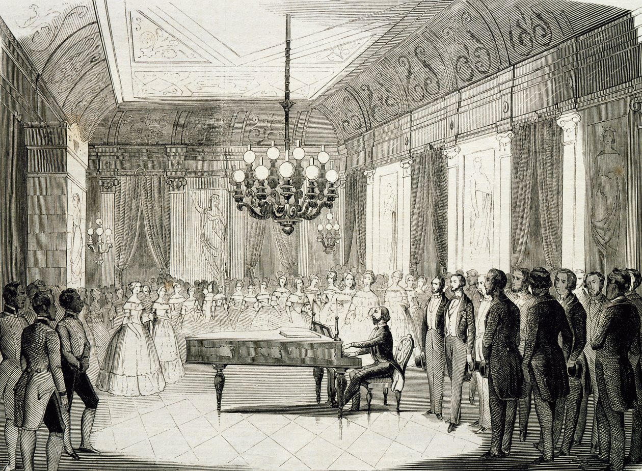 Noite musical com piano, de Achille Deveria (1800-1857), gravura, França de Achille Devéria