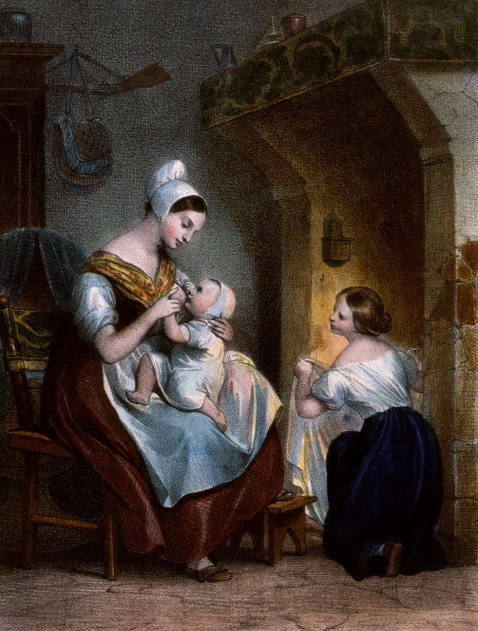Enfermeira a amamentar um bebé. Litografia, c.1850 de Achille Devéria