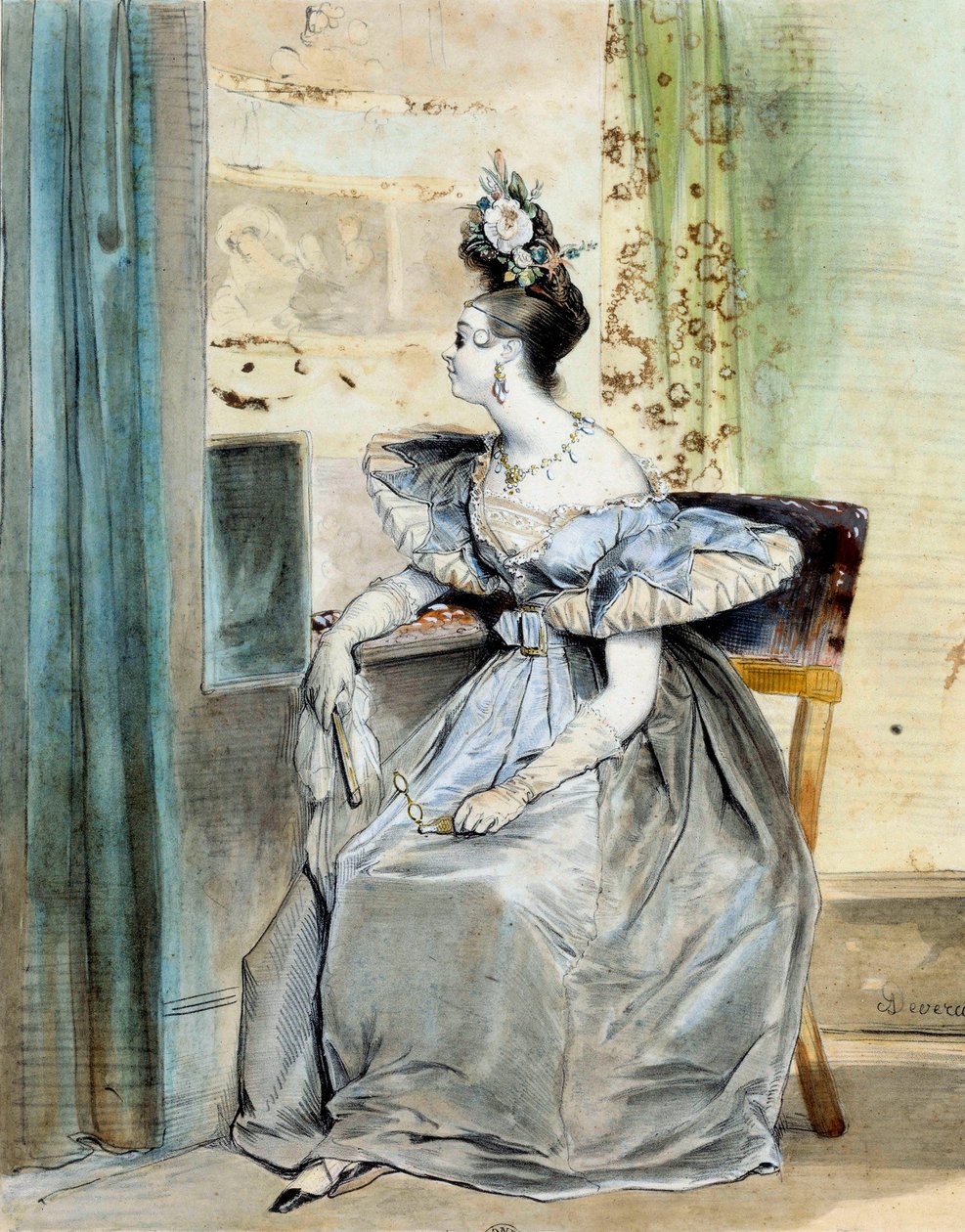 Retrato de Marie Nodier em um hotel de teatro às 10 horas. Seu pai Charles realizou um salão de cabeleireiro freqüentado por românticos (Victor Hugo, Lamartine, Vigny, Dumas, Liszt) e ela foi a Musa de alguns deles. Aquarela de Gravura de Achille Deveria ( de Achille Devéria
