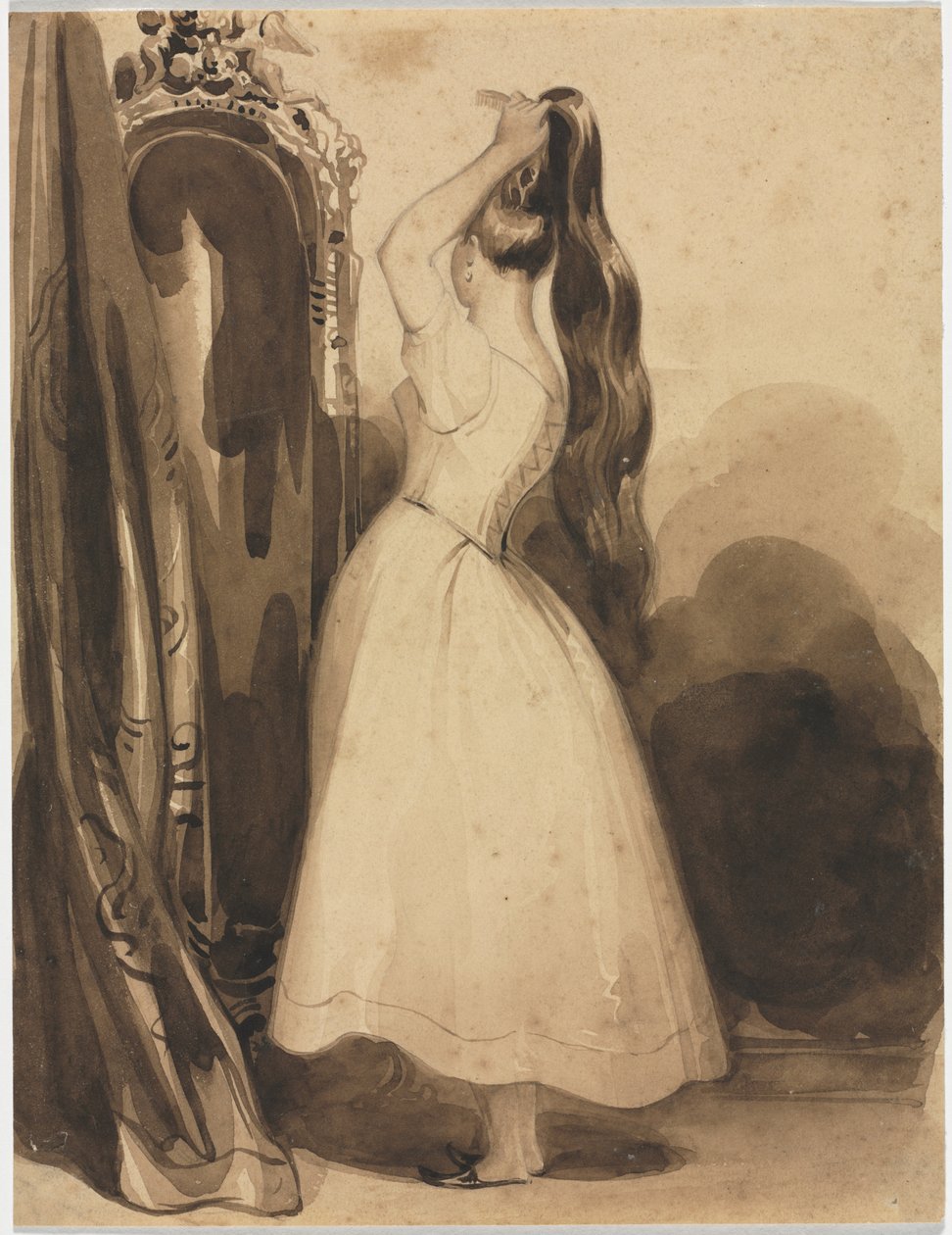 Jovem mulher que penteia seu cabelo, 1800, antes de 1857. de Achille Devéria
