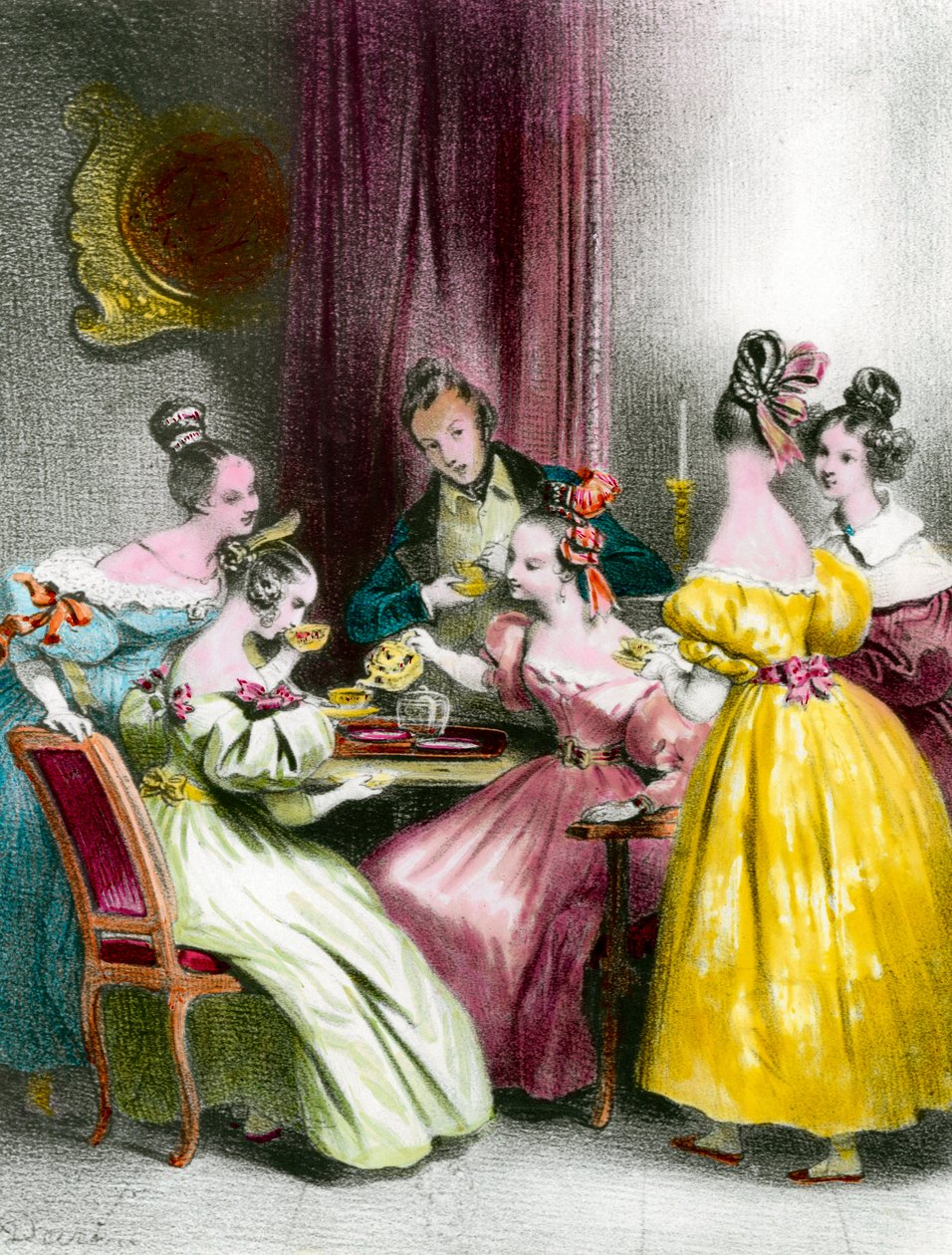 Uma tarde no Salon de the under the Restoration print de Achille Deveria (1800-1857) Colecção Privada do século XIX de Achille Devéria