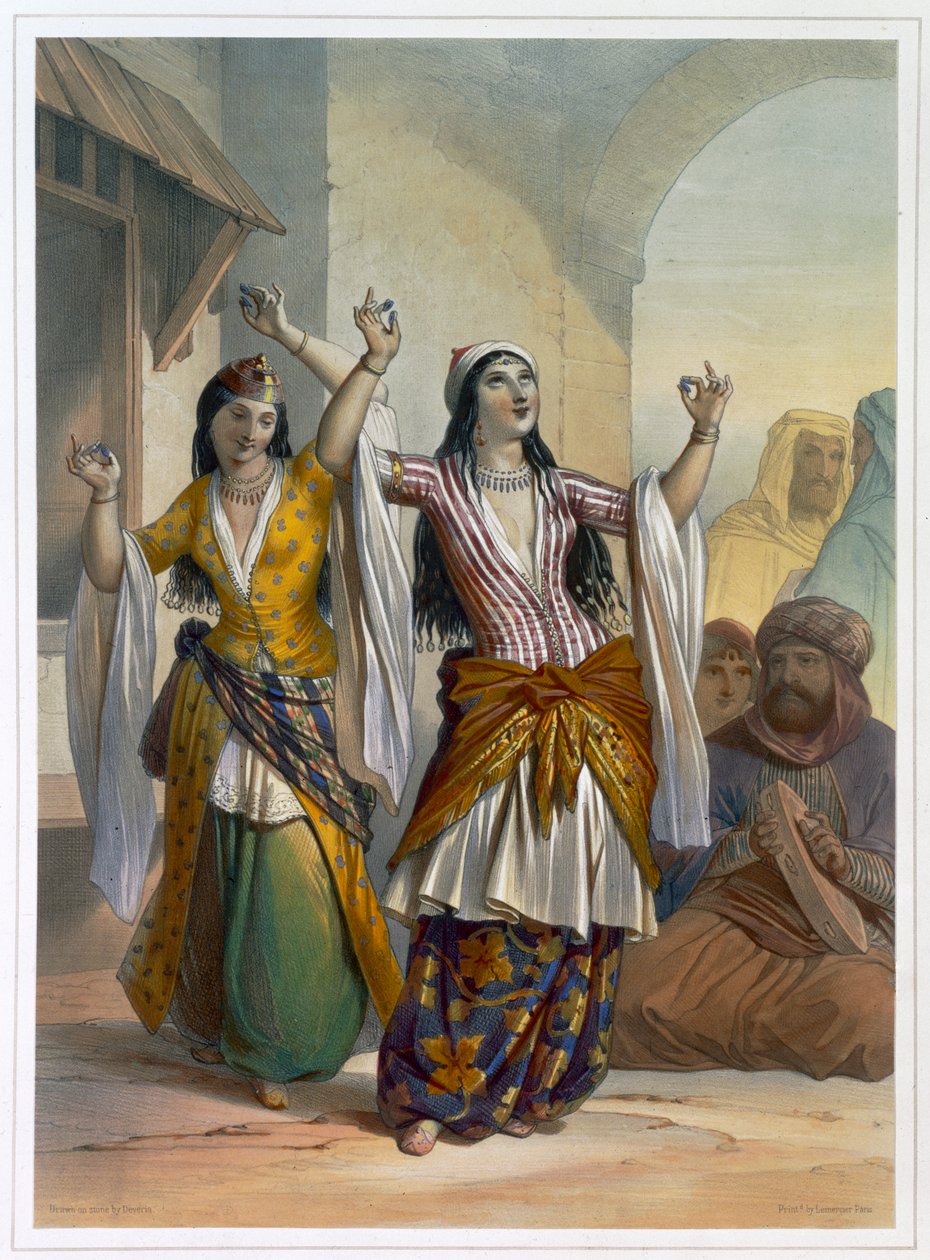 Dançarinas egípcias realizando o Ghawazi em Rosetta, Egito, 1848 de Achille Devéria