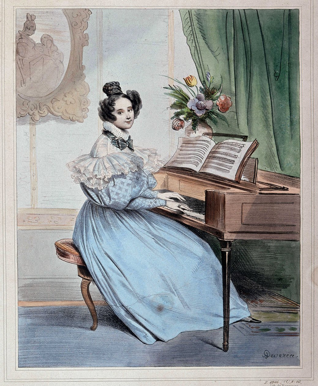 Sete horas da noite, mulher no pianoforte de Devéria, início do século XIX. de Achille Devéria