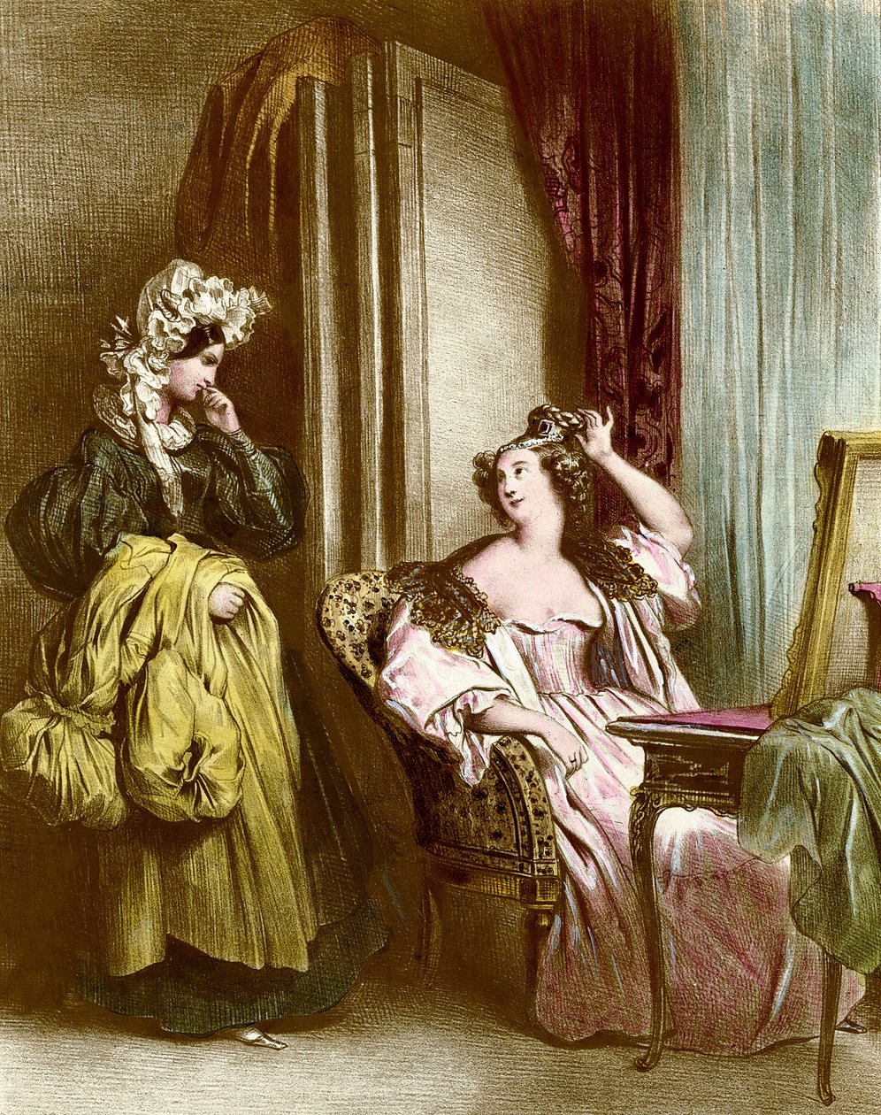 O banheiro: uma elegante jovem mulher com sua litografia de serva de Aquiles Deveria (1800-1857) Coleção do século XIX Particuliere de Achille Devéria