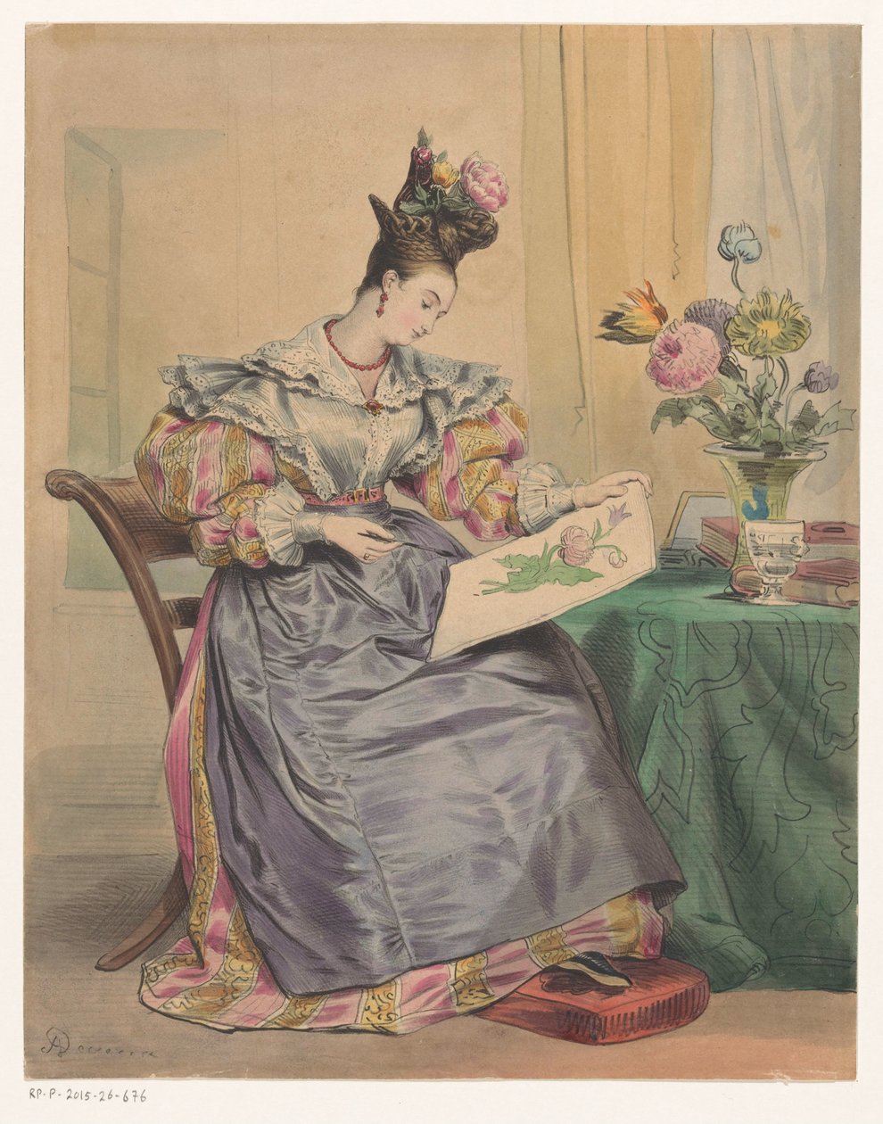 Mulher colorindo uma foto 4 horas de sono Horas do Dia (título da série) Les Heures du jour (título da série) de Achille Devéria