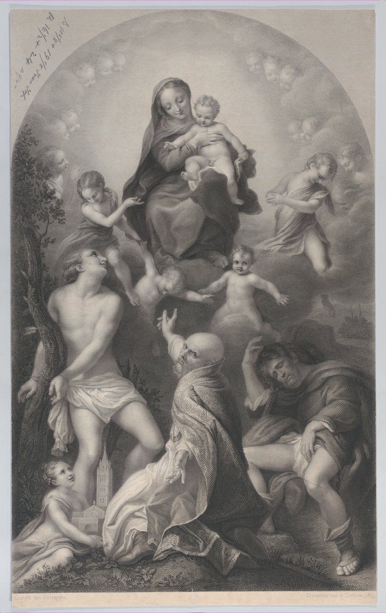 A Madona de São Sebastião, com a Virgem e o Menino, rodeada de anjos, olhando d..., 1847. de Achille Désiré Lefèvre