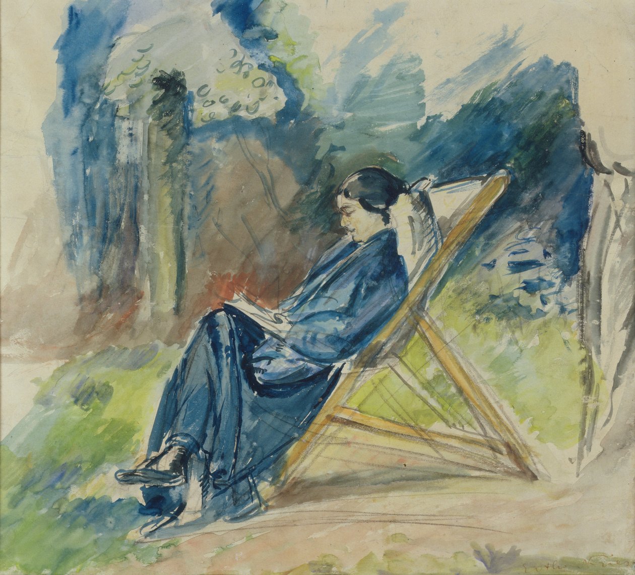 Mulher em cadeira de convés, c.1935 (aguarela) de Achille Emile Othon Friesz