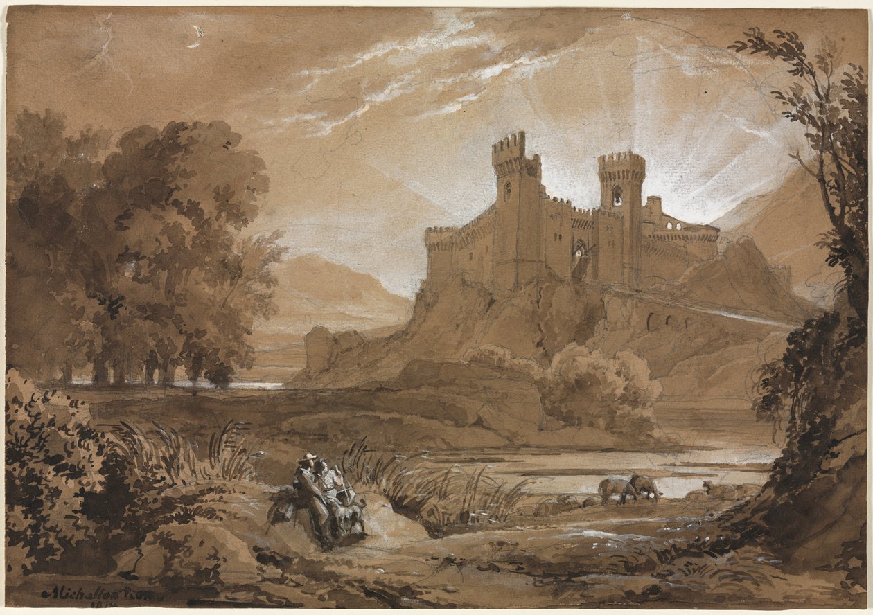 Paisagem com castelo e pastores de Achille Etna Michallon