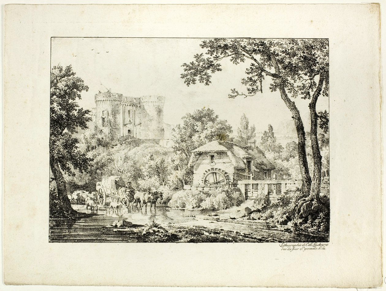 Paisagem com moinho e castelo de Achille Etna Michallon