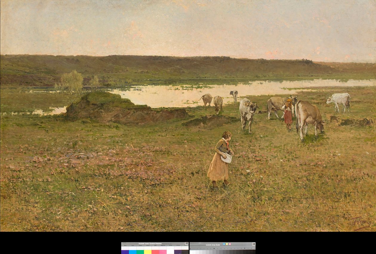 Perto de Sesto Calende, Lombardia, Itália ou "Pastoreio na planície" (near Sesto Calende, Italy or grazing in the plain) Pintura de Achille Formis (1832-1906) 1887 Coleção particular de Achille Formis Befani