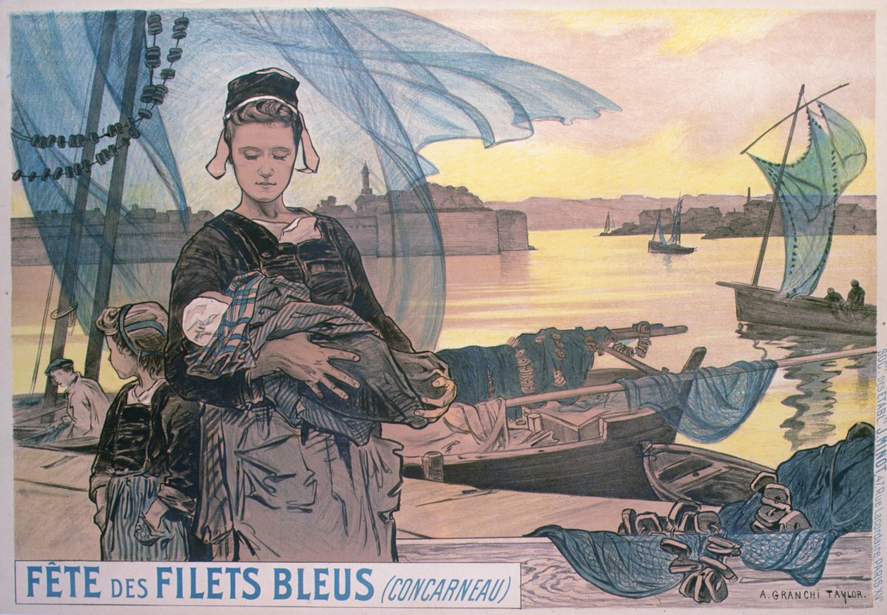 Cartaz representando o Festival das Redes Azuis de Pesca, Concarneau, Bretanha (cor litho) de Achille Granchi Taylor