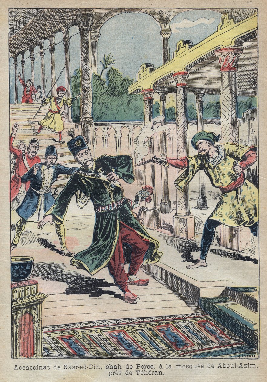 Assassinato de Nasser Ed Din (1831-1896), Xá da Pérsia (Irã) em 1896 (Também chamado Nasseredin Shah, Nasserer-al-Din Shah Qajar, Nasser al-Din Shah Qajar, Nassiruddin Shah) - Ilustração de Achille Lemot para "Le-Pelerin" de 1896 - Assassinato do de Achille Lemot