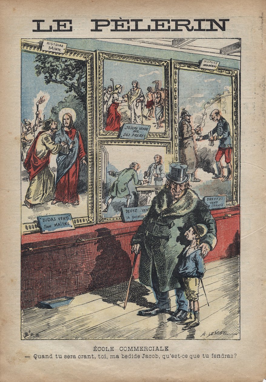 Antisemite dos desenhos animados de Achille Lemot para "Le-Pelerin" de setembro de 1896 - Escola Comercial: quando você se tornar um guindaste, você meu Jacob de cama, o que você vai dividir? de Achille Lemot