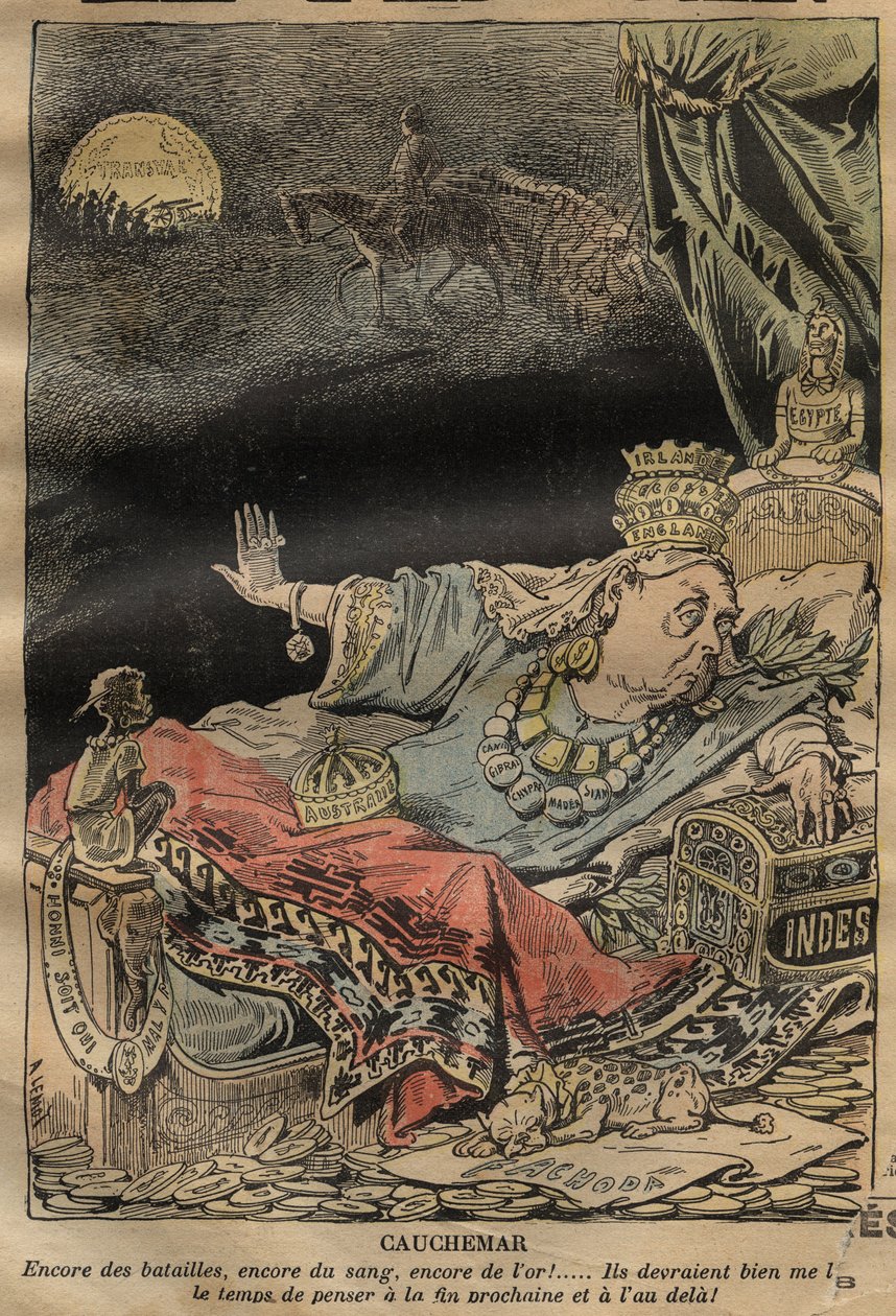 Desenho animado sobre a Rainha Victoria por Achille Lemot (1846-1909) - 1899 - Pesadelo - mais batalhas, mais sangue, mais ouro... de Achille Lemot