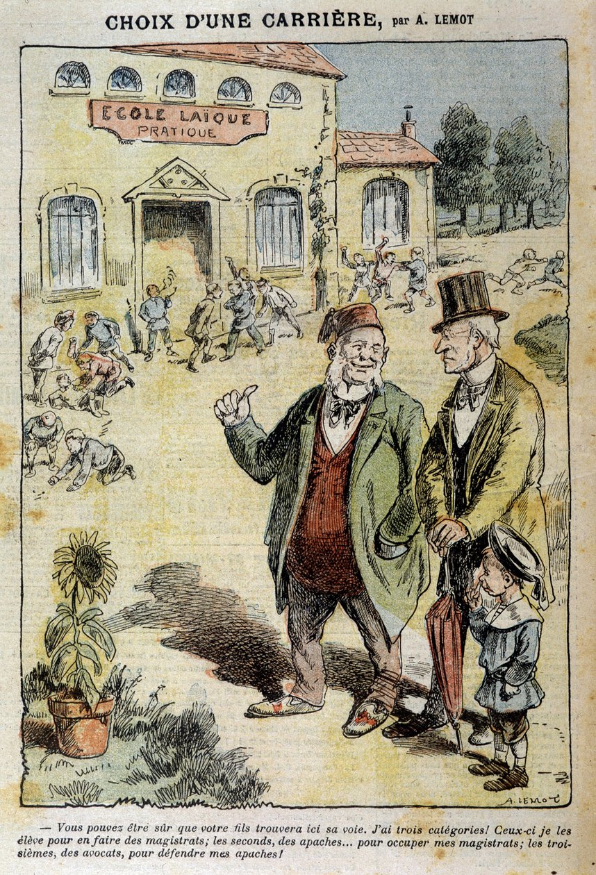 A escolha de uma carreira: Cartoon on the Laique School - por Achile Lemot (1846-1909), em "Le Pelerin" de 04/04/1909 de Achille Lemot