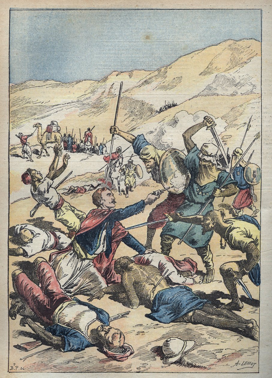 Morte do Marquês de Mores (Antoine-Amedee-Marie-Vincent) Manca de Vallombrosa (1858-1896) e seus companheiros perto de El-Ouatia (El Ouatia) na Tunísia em 1896 - Ilustração de Achille Lemot em "Le-Pelerin" de junho de 1896 de Achille Lemot