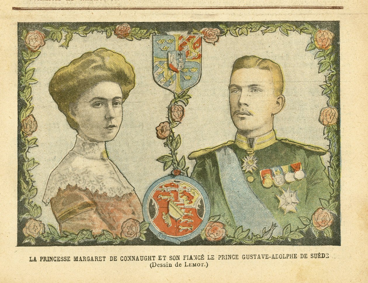 Ilustração de Achille Lemot (1846-1909) em Le Pelerin, 21/05/05/05 - Princesa Margaret de Connaught e seu noivo Príncipe Gustave-Adolphe da Suécia - Monarquia, Medalha, Soberano Estrangeiro, Suécia - De Connaught Margaret (1882-1920), Gustave IV Adolphe da de Achille Lemot