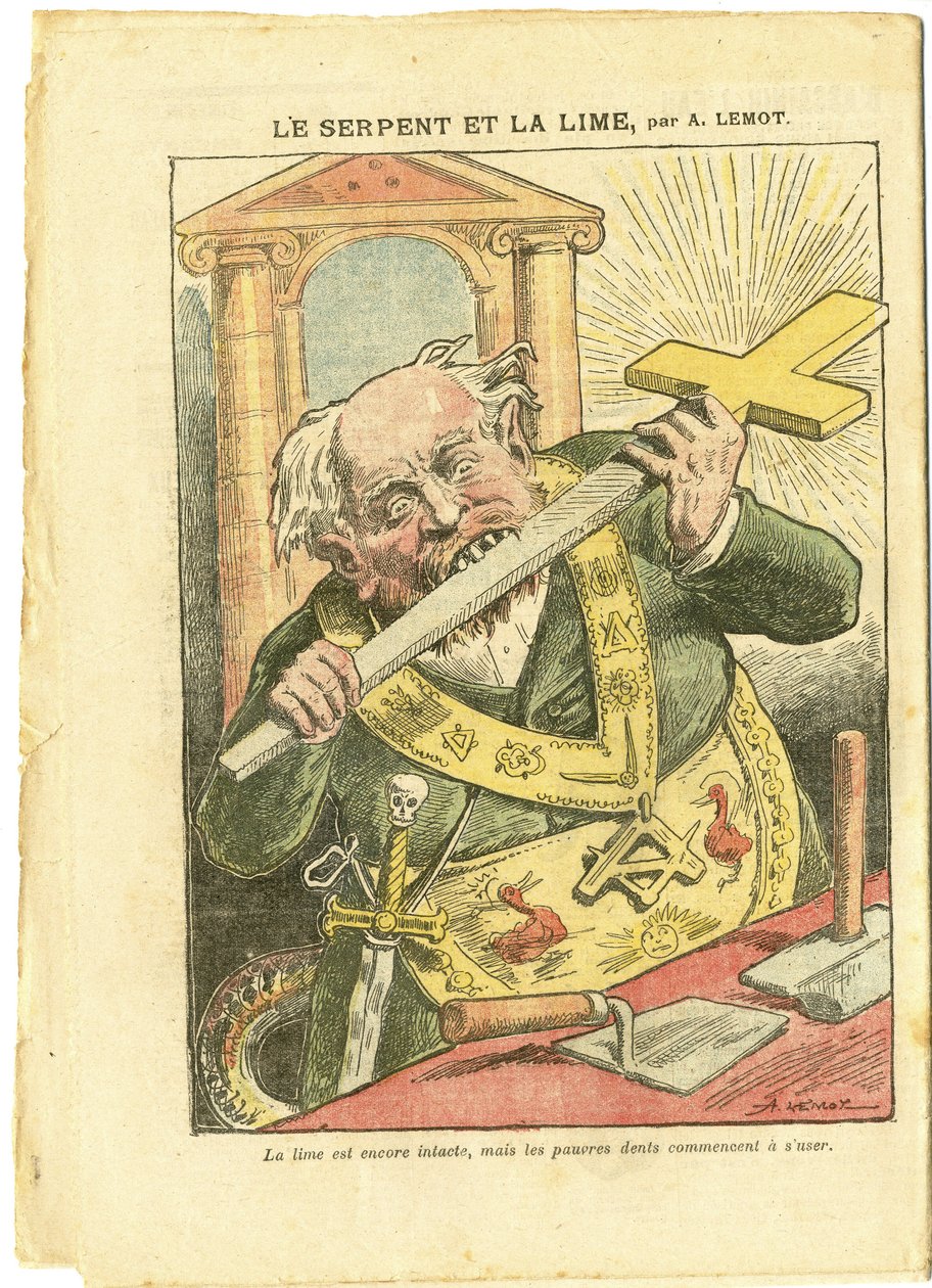 Ilustração de Achille Lemot (1846-1909) em Le Pelerin, 23/05/09 - A Serpente e a Tília - Antimaconismo Freemaking, Fé Religiosa, Cruz Cristã, Fábulas La Fontaine e outras, Catolicismo Católico - Laicização Laicite Laiques - Serpentes - Animalisatio de Achille Lemot