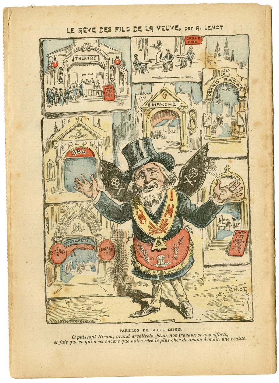 Ilustração de Achille Lemot (1846-1909) em Le Pelerin, 23/09/06 - O sonho dos filhos da viúva - Antimilitarismo, Fé Religiosa, Igrejas Cathedrales, Catolicismo Católico - Laicização do espaço religioso, Laicização Laicização Leis leigas - Hiram de Achille Lemot