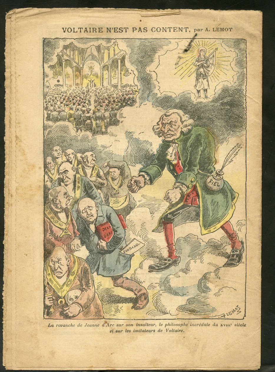 Ilustração de Achille Lemot (1846-1909) em Le Pelerin, 25/04/09 - Voltaire est pas content - Antimaconismo Freemaking, Religion Faith, Catholic Catholicism - Laicisation Laicite Laiques laws - Voltaire, Joana d