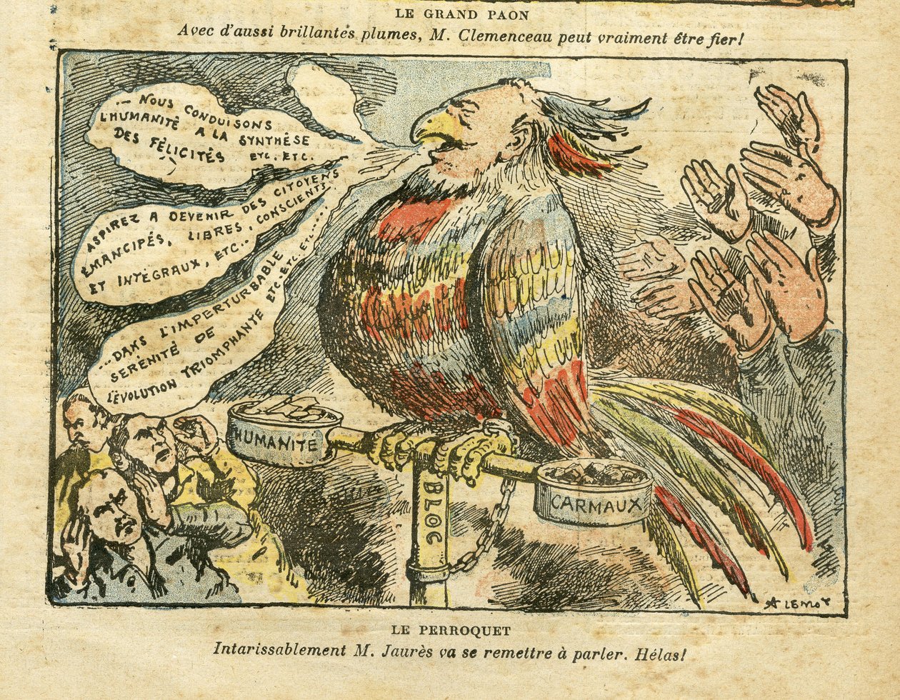 Ilustração de Achille Lemot (1846-1909) em Le Pelerin, 26/01/08 - O grande pavão - Greve, Socialismo, Carmaux, Humanite (diário) - Jaures Jean, Parroquet de Achille Lemot