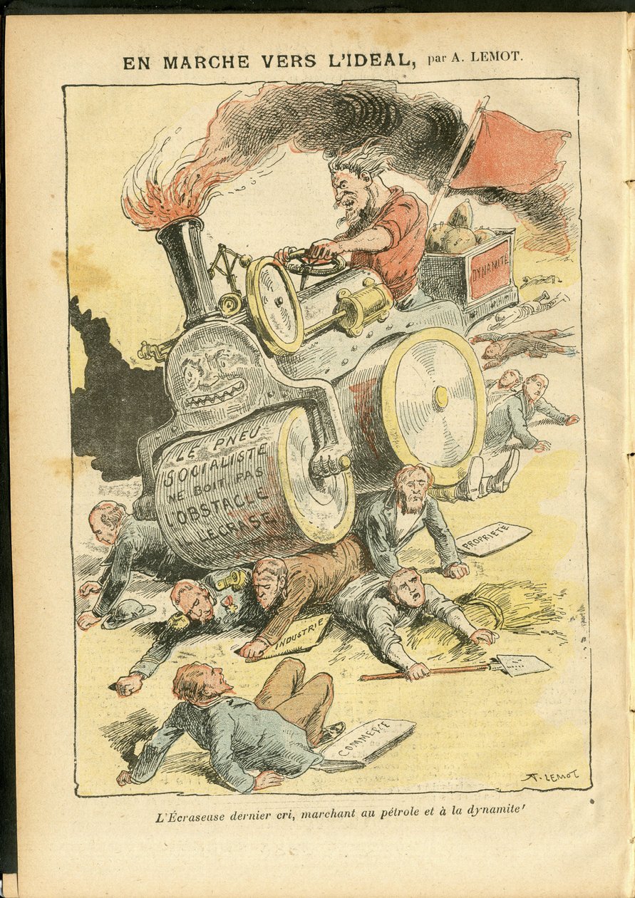 Ilustração de Achille Lemot (1846-1909) em Le Pelerin, 27/05/06 - Na marcha para o ideal - Social, Automóvel, Cadáveres mortos, Revolução, Bandeira Vermelha, Economia, Socialismo, Pneumático, Punção de Achille Lemot