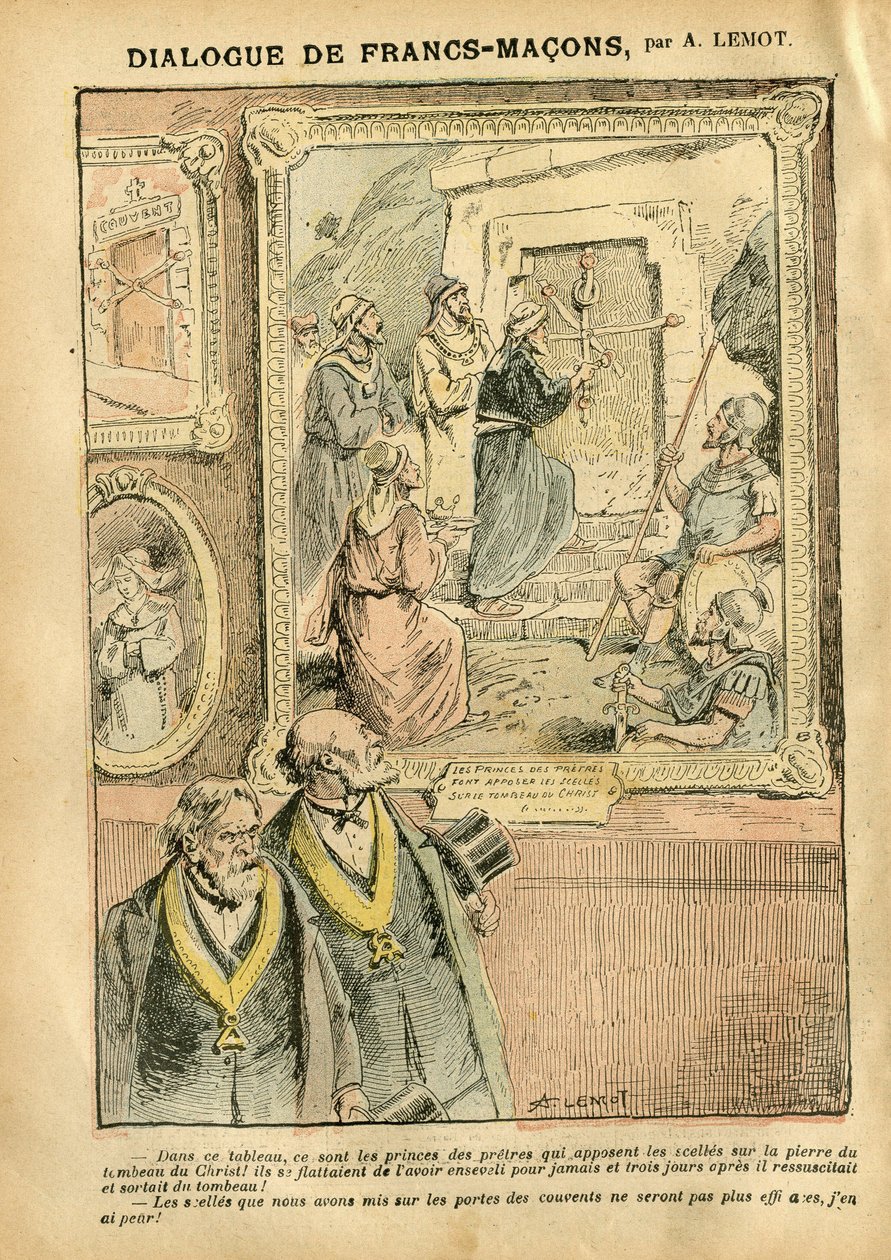 Ilustração de Achille Lemot (1846-1909) em Le Pelerin, 31/03/07 - Diálogo entre Francos-Macões - Arte, Antimonismo Freemaking, Fé Religiosa, Catolicismo Católico - Separação da Igreja e do Estado, Inventários/Reações aos inventários de Achille Lemot