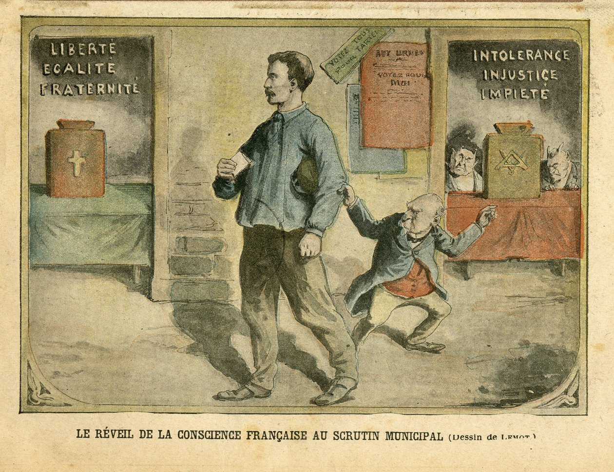 Ilustração de Achille Lemot (1846-1909) em Le Pelerin, 01/05/04 - Le awakening de la conscience francaise au vote municipal - Elections, Religion Faith, Bloc des lefts, Catholicism Catholique - Laicisation Laicite Lois laiques - Combes Emile (1835-1921) de Achille Lemot