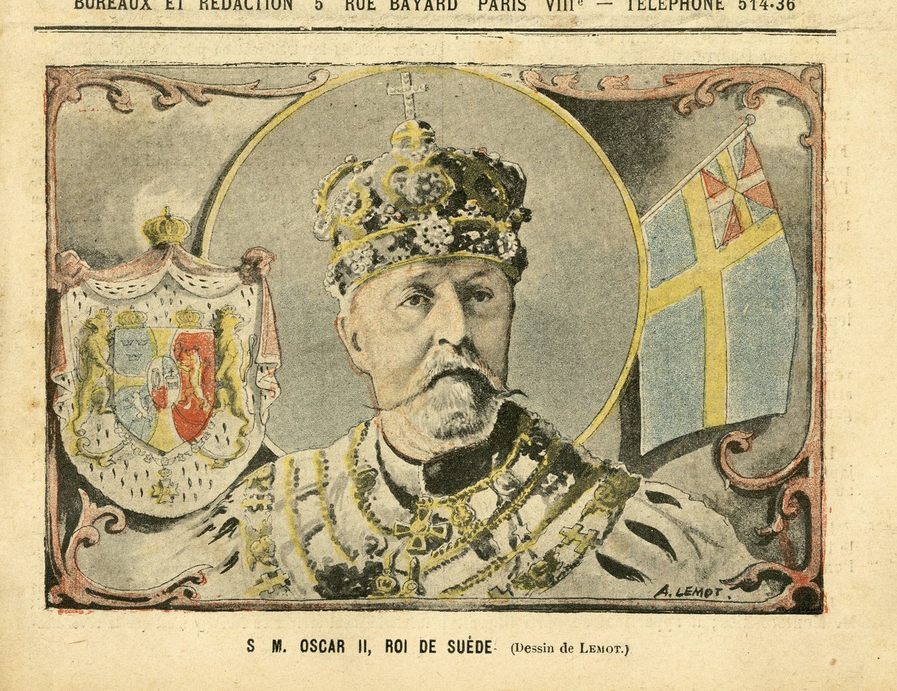 Ilustração de Achille Lemot (1846-1909) em Le Pelerin, 02/07/05 - Sua Majestade Oscar II, Rei da Suécia - Monarquia, Suécia - Oscar II de Achille Lemot