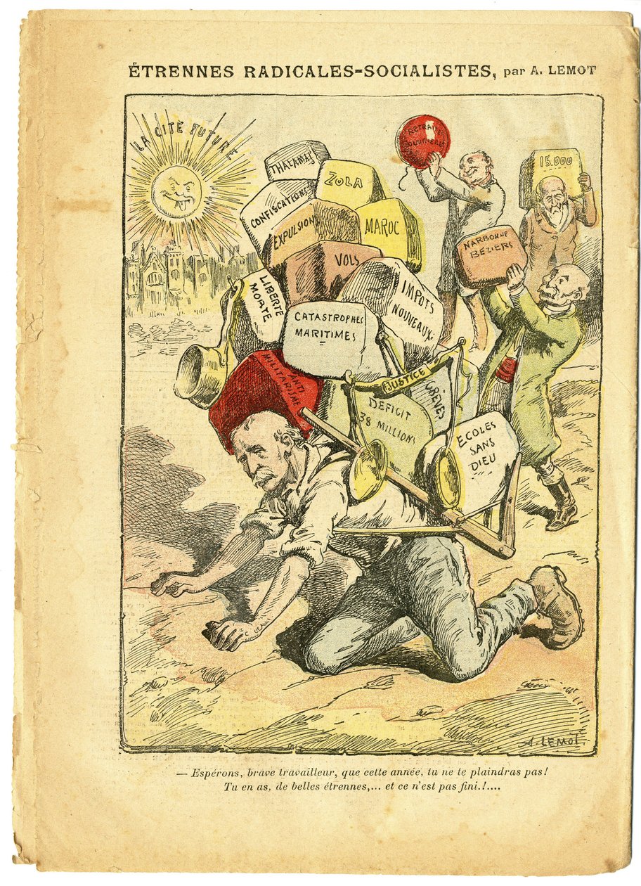 Ilustração de Achille Lemot (1846-1909) em Le Pelerin, 03/01/09 - Cordas Radical-Socialistas - Radicalismo, Ensino, Fé Religiosa, Marrocos, Ateísmo, Partido Radical e Radical-Socialista, Catolicismo Católico - Laicização Laicite Laiques - Clemenceau Geo de Achille Lemot