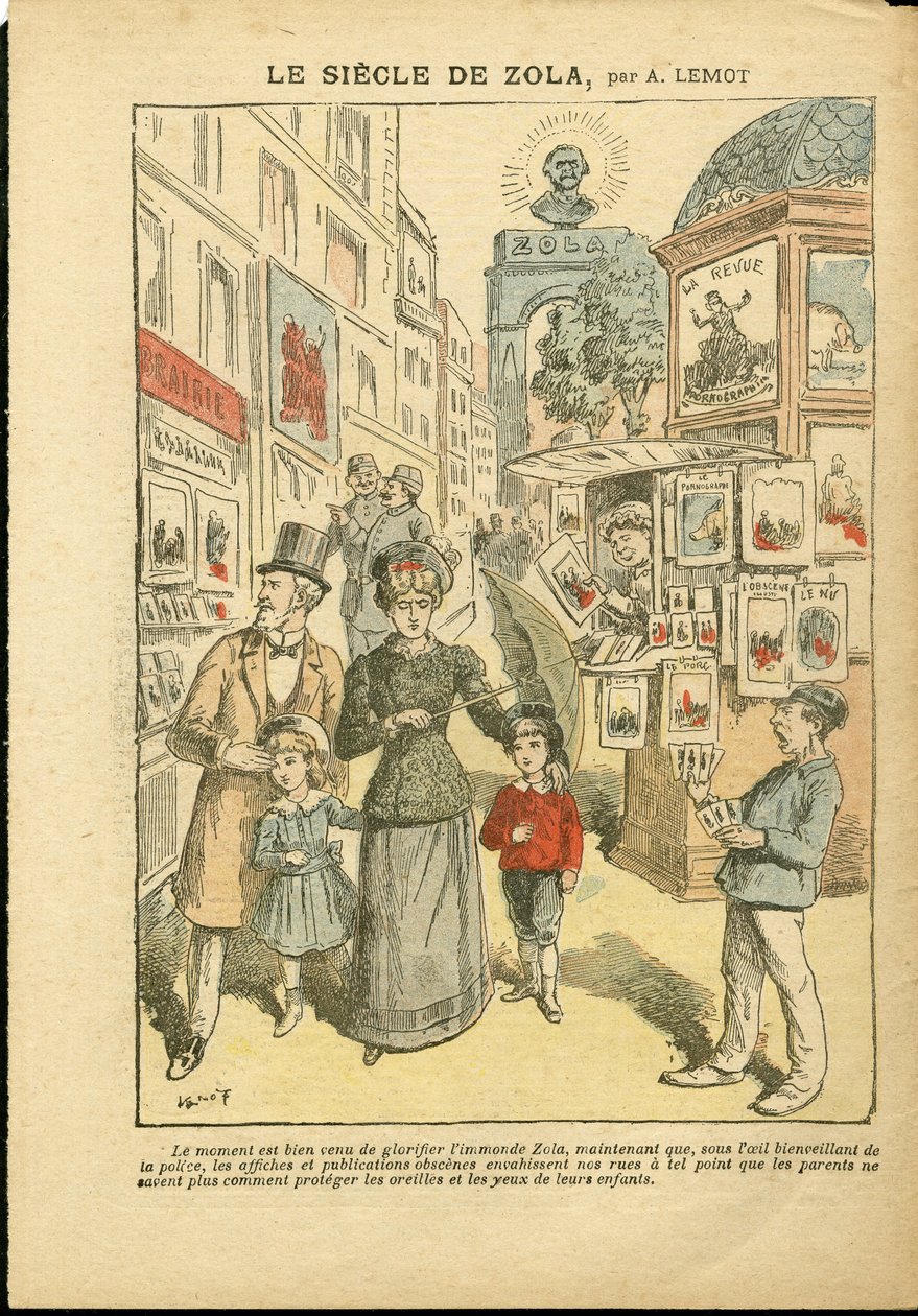 Ilustração de Achille Lemot (1846-1909) em Le Pelerin, 03/05/08 - O século de Zola - Religião Fé, Família, Pornografia, Quiosques de Jornais, Catolicismo Católico, Beco da Rua - Zola Emile de Achille Lemot