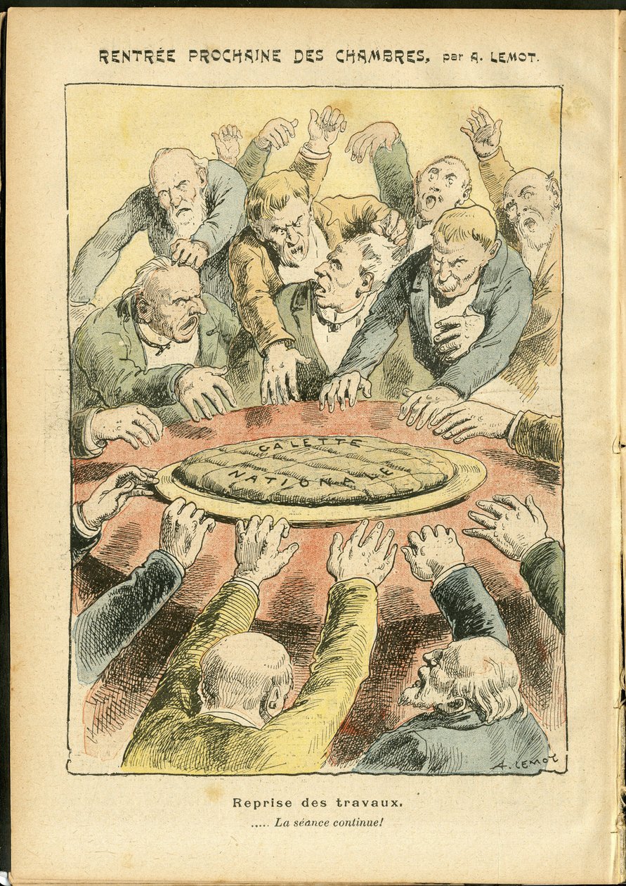 Ilustração de Achille Lemot (1846-1909) em Le Pelerin, 03/06/06 - Próxima locação das câmaras - Antiparlamentarismo, Câmara dos Deputos Hemiciclo, Galette des rois - Depute de Achille Lemot
