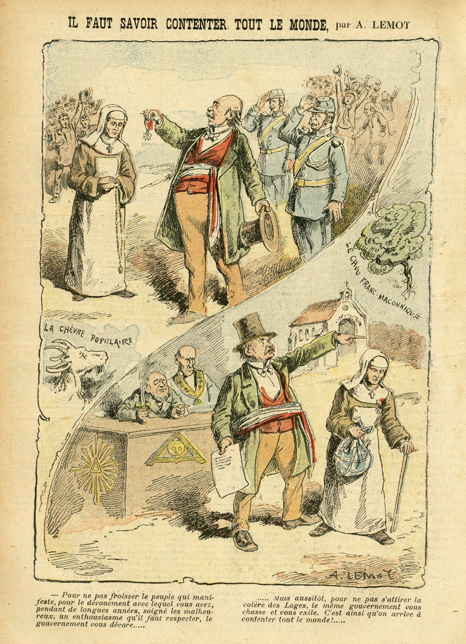 Ilustração de Achille Lemot (1846-1909) em Le Pelerin, 03/09/05 - Il faut savoir savoir contenter tout monde - Anticlericalismo, Antimaconismo Freemaking, Religion Faith, Medal, Bloc des lefts, Catholic Catholicism - Evictions de religieux, Laicisation Lai de Achille Lemot