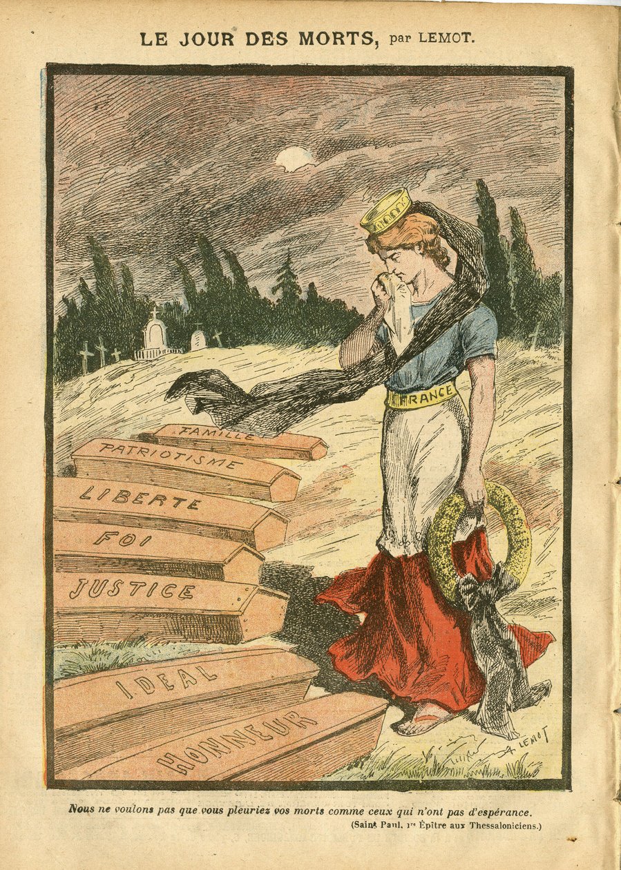 Ilustração de Achille Lemot (1846-1909) em Le Pelerin, 03/11/07 - O Dia dos Mortos - Procesos de Justiça, Fé Religiosa, Liberte, França, Bandeira Tricolor, Patriotismo, Funeral Obseque, Honra, Caixão - Marianne - Morte, Metáfora Religiosa de Achille Lemot