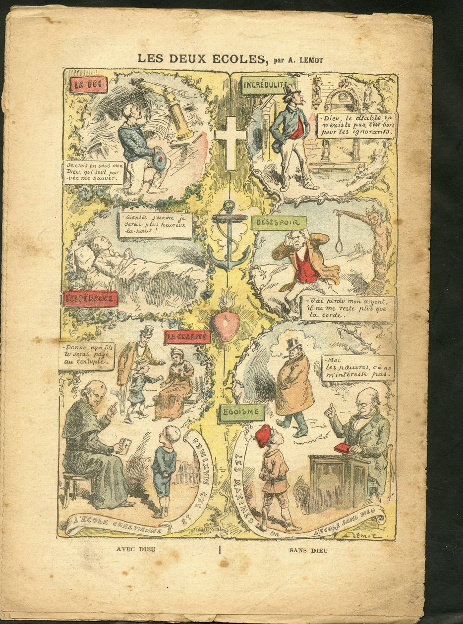 Ilustração de Achille Lemot (1846-1909) em Le Pelerin, 04/04/09 - As duas escolas - Ensino, Fé Religiosa, Catolicismo Católico - Laicização Laicite Laiques Leis - Professora, estudante liceal, colegial, Curas de Achille Lemot
