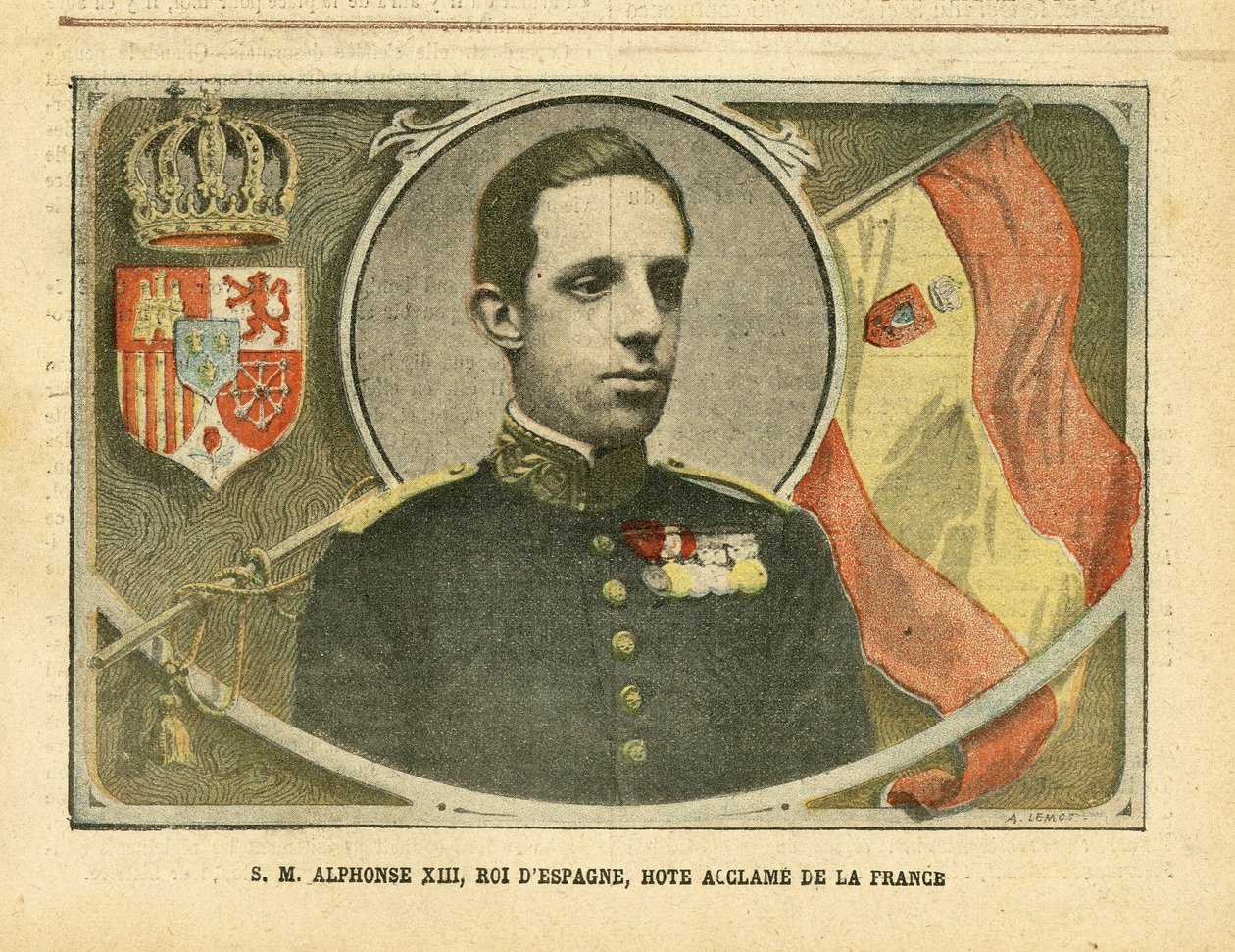 Ilustração de Achille Lemot (1846-1909) em Le Pelerin, 04/06/05 - Sua Majestade Alfonso XIII, Rei de Espanha, Hote Acclame da França - Espanha, Monarquia, Bandeiras, Soberano Estrangeiro - Alfonso XIII de Achille Lemot