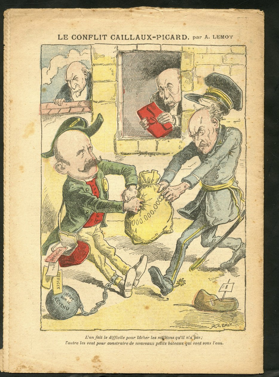 Ilustração de Achille Lemot (1846-1909) em Le Pelerin, 07/03/09 - O Conflito Caillaux-Picard - Tributação, Imposto de Renda - Combes Emile (1835-1921), Clemenceau George, Caillaux Joseph (1863-1944) de Achille Lemot